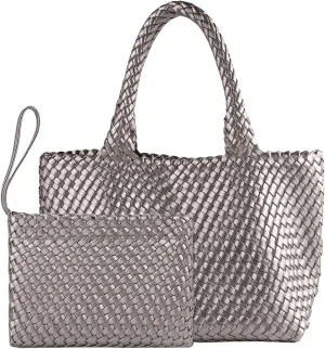 SporGenius Woven Tote Bag for Women, Vegan Leather Beach Bags with Small Purse, Large Travel Top Handle Handbags
