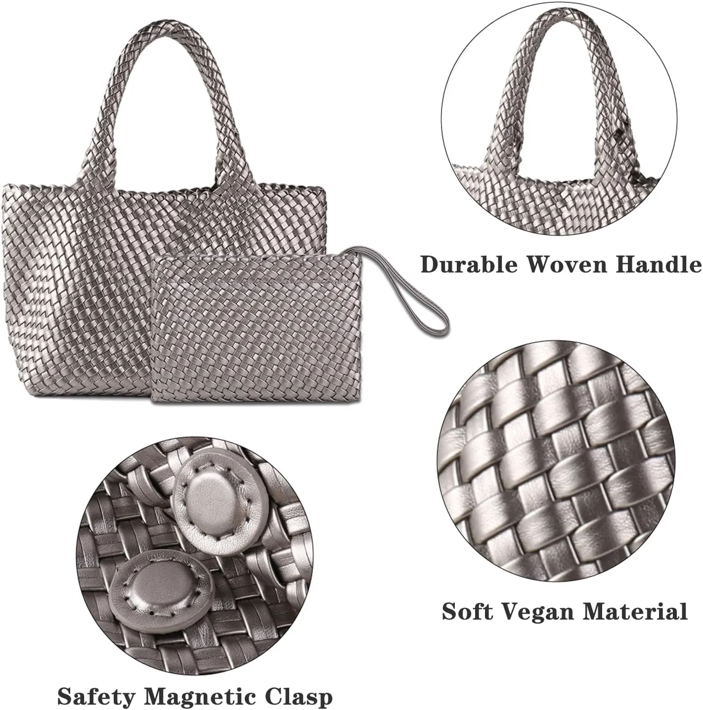 SporGenius Woven Tote Bag for Women, Vegan Leather Beach Bags with Small Purse, Large Travel Top Handle Handbags
