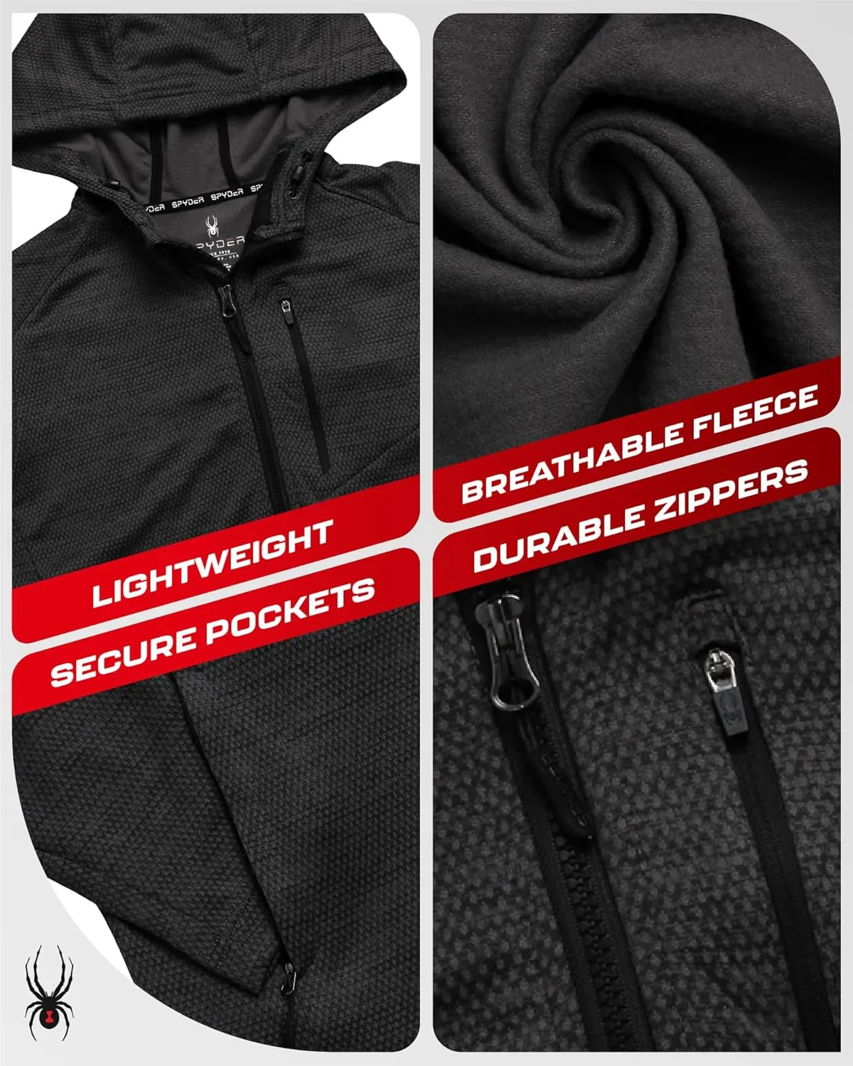 Spyder Men's Active Fleece Hoodie - Performance Mesh Fleece Full Zip Up Sweatshirt with Secure Zip Pockets (Sizes: S-XXL)