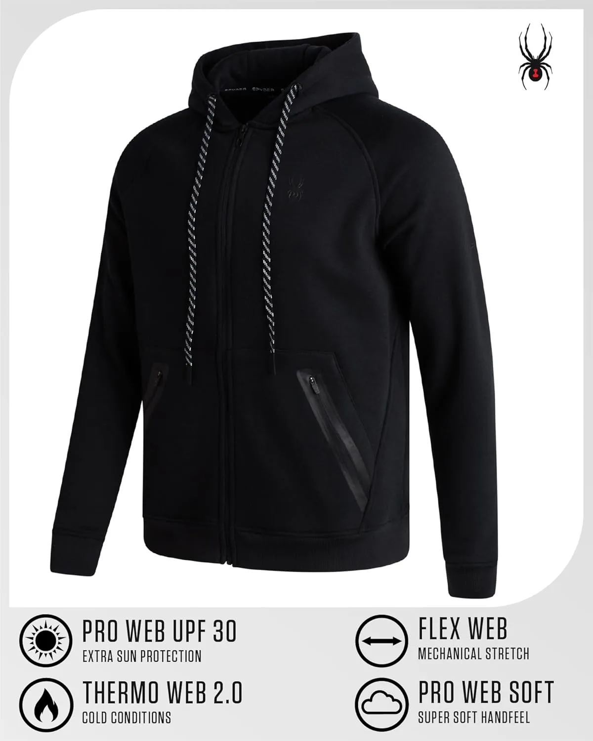 Spyder Mens Zip Up Hoodie - UPF30  Super Soft Fleece Sweatshirt, Warm Athletic Hoodies for Men with Secure Zip Pockets (S-XL)