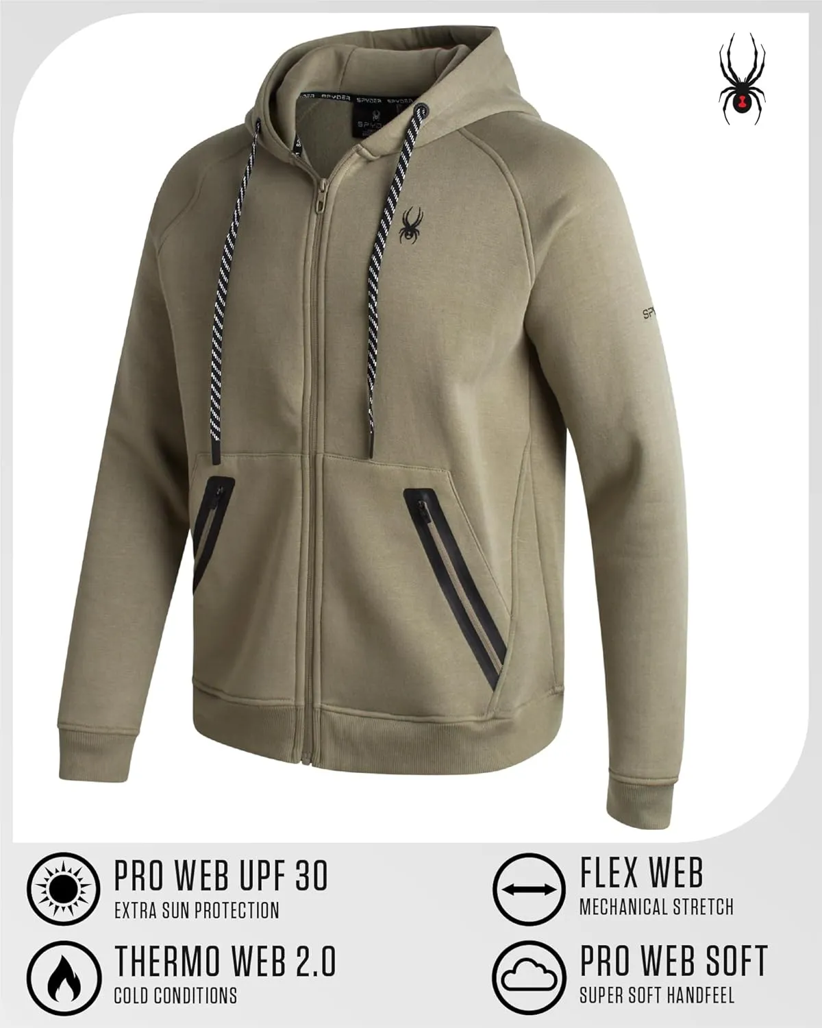 Spyder Mens Zip Up Hoodie - UPF30  Super Soft Fleece Sweatshirt, Warm Athletic Hoodies for Men with Secure Zip Pockets (S-XL)