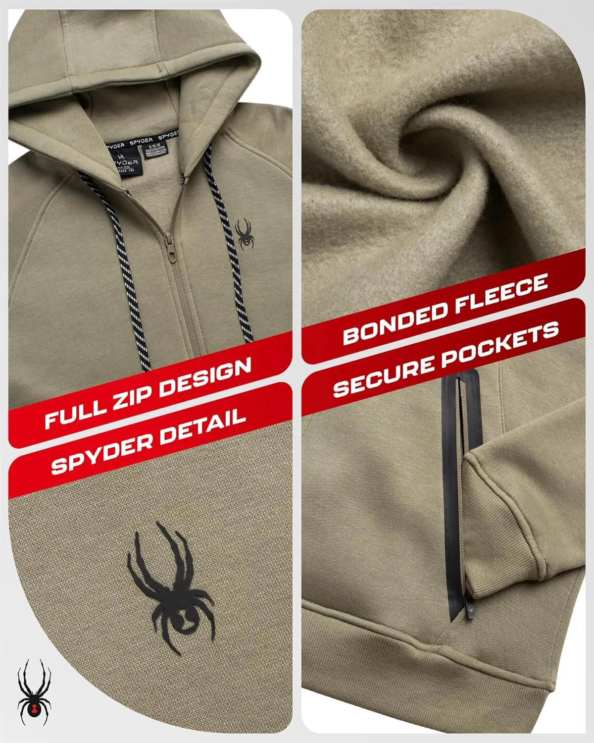 Spyder Mens Zip Up Hoodie - UPF30  Super Soft Fleece Sweatshirt, Warm Athletic Hoodies for Men with Secure Zip Pockets (S-XL)