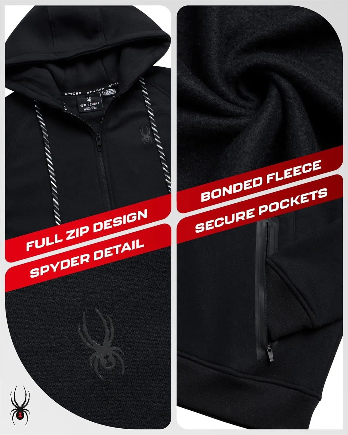 Spyder Mens Zip Up Hoodie - UPF30  Super Soft Fleece Sweatshirt, Warm Athletic Hoodies for Men with Secure Zip Pockets (S-XL)