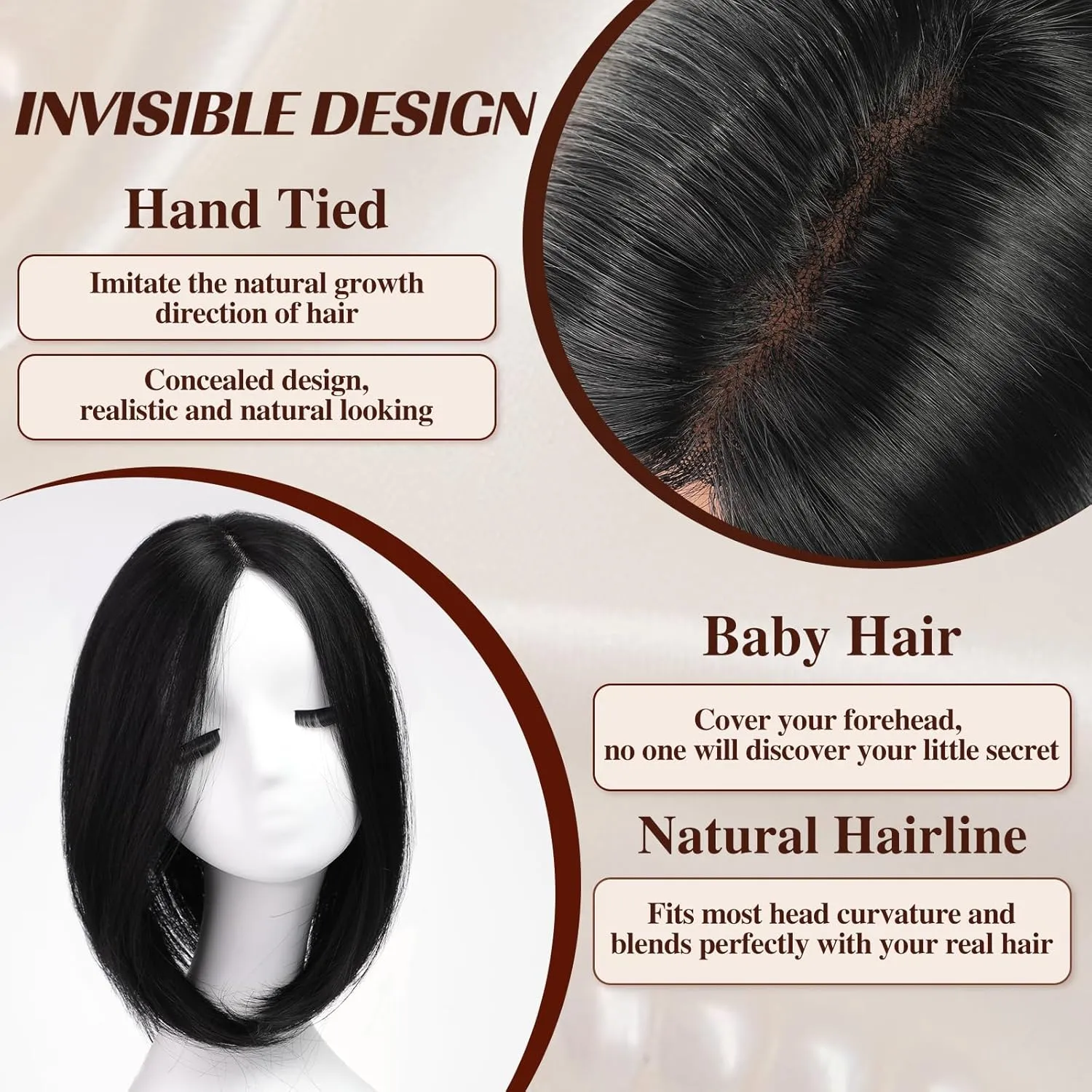 Starluck 14 Inch Black Hair Toppers for Women - Synthetic Hair Pieces with 3 Clips - Swiss Base
