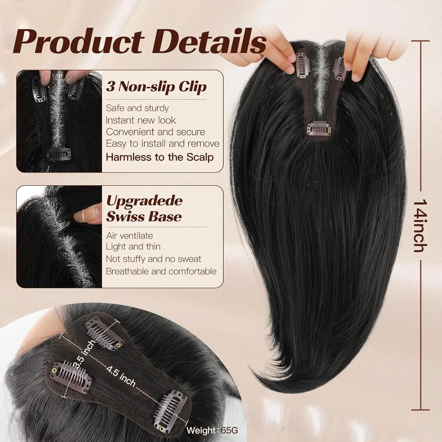 Starluck 14 Inch Black Hair Toppers for Women - Synthetic Hair Pieces with 3 Clips - Swiss Base