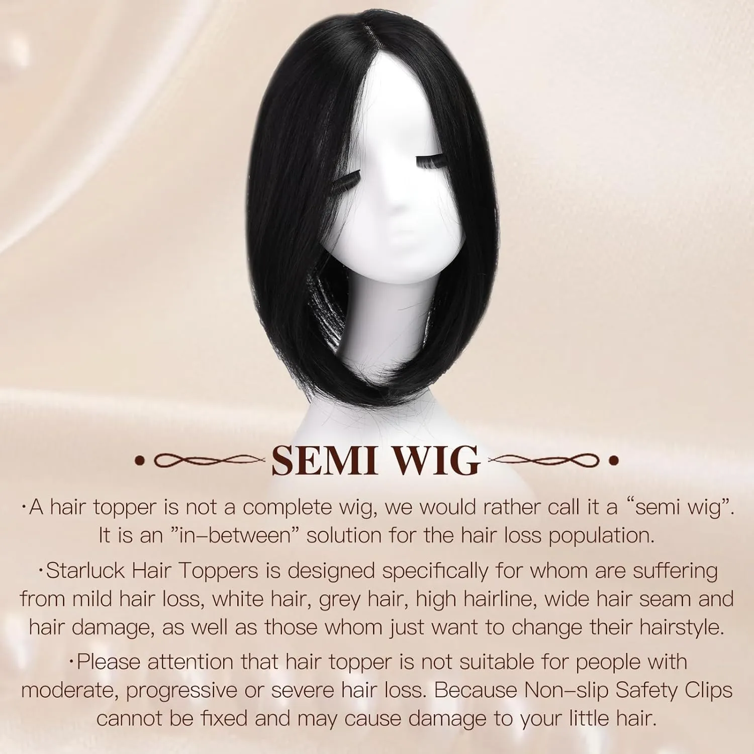 Starluck 14 Inch Black Hair Toppers for Women - Synthetic Hair Pieces with 3 Clips - Swiss Base
