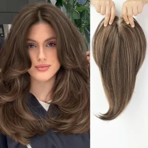 starluck 14 Inch Chestnut Brown & Honey Blonde Layered Hair Topper with Bangs for Women, Synthetic Hair Toppers Swiss Base with 3 Clips Toppers for Women with Thinning Hair Grey Hair Hair Loss