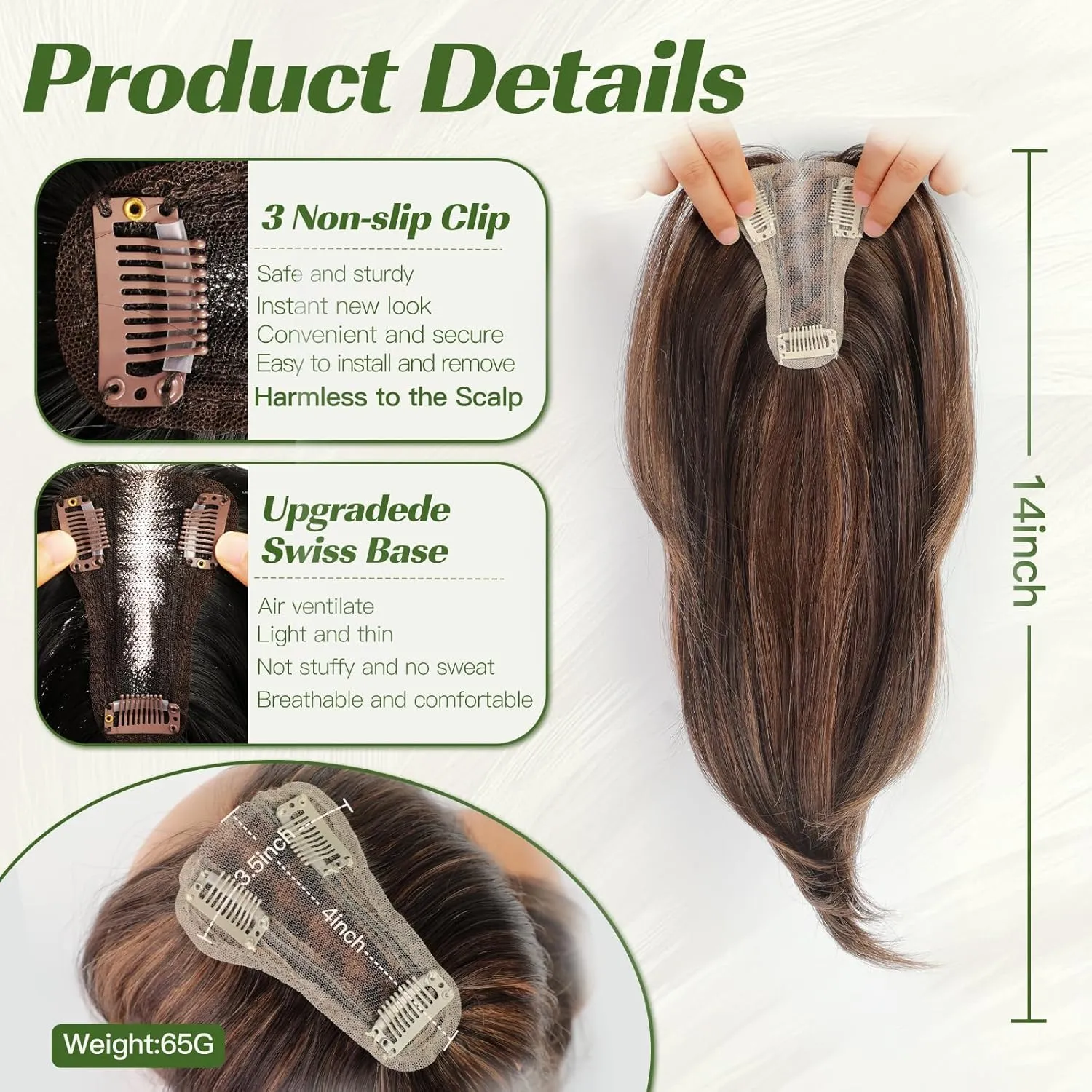 starluck 14 Inch Chestnut Brown & Honey Blonde Layered Hair Topper with Bangs for Women, Synthetic Hair Toppers Swiss Base with 3 Clips Toppers for Women with Thinning Hair Grey Hair Hair Loss