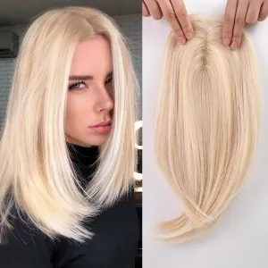 starluck 14 Inch Light Blonde & Bleach Blonde Mixed Hair Toppers for Women Synthetic Hair Toppers Hair Pieces Swiss Base with 3 Clips in Wiglet Toppers for Women with Thinning Hair Grey Hair Hair Loss