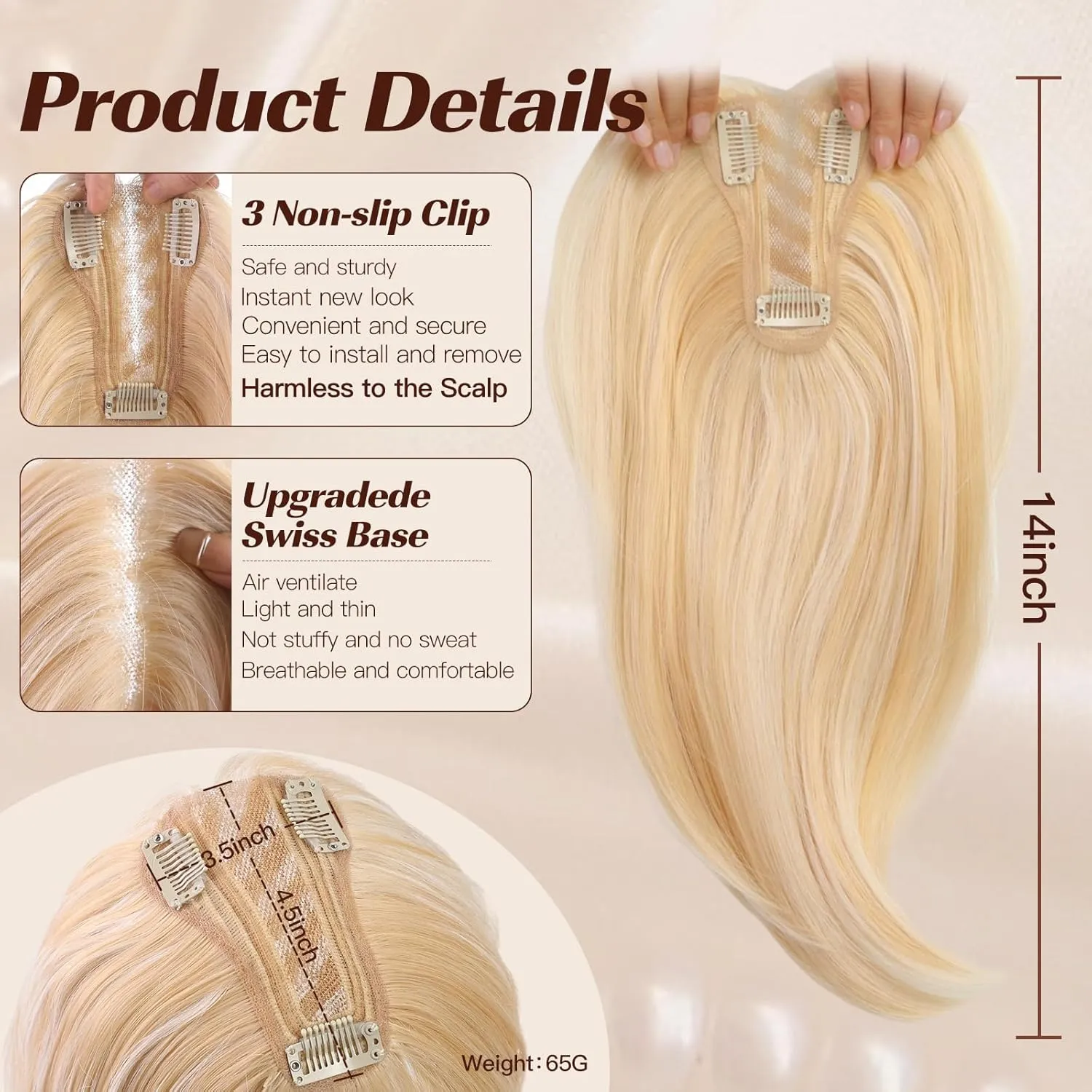 starluck 14 Inch Light Blonde & Bleach Blonde Mixed Hair Toppers for Women Synthetic Hair Toppers Hair Pieces Swiss Base with 3 Clips in Wiglet Toppers for Women with Thinning Hair Grey Hair Hair Loss