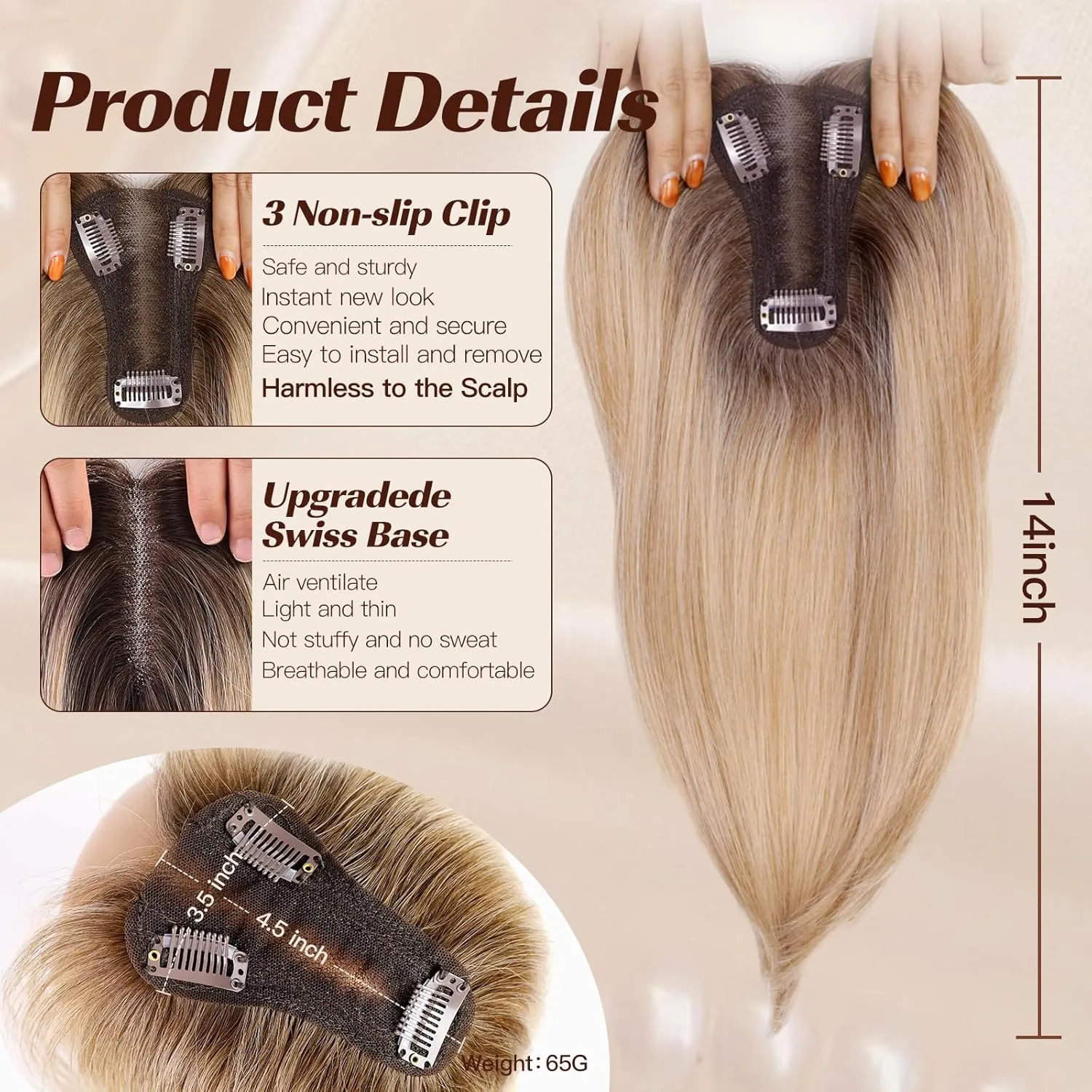 starluck 14 Inch Light Blonde & Brown Hair Toppers for Women Synthetic Hair Toppers Hair Pieces Swiss Base with 3 Clips in Wiglets Toppers for Women with Thinning Hair Grey Hair Hair Loss