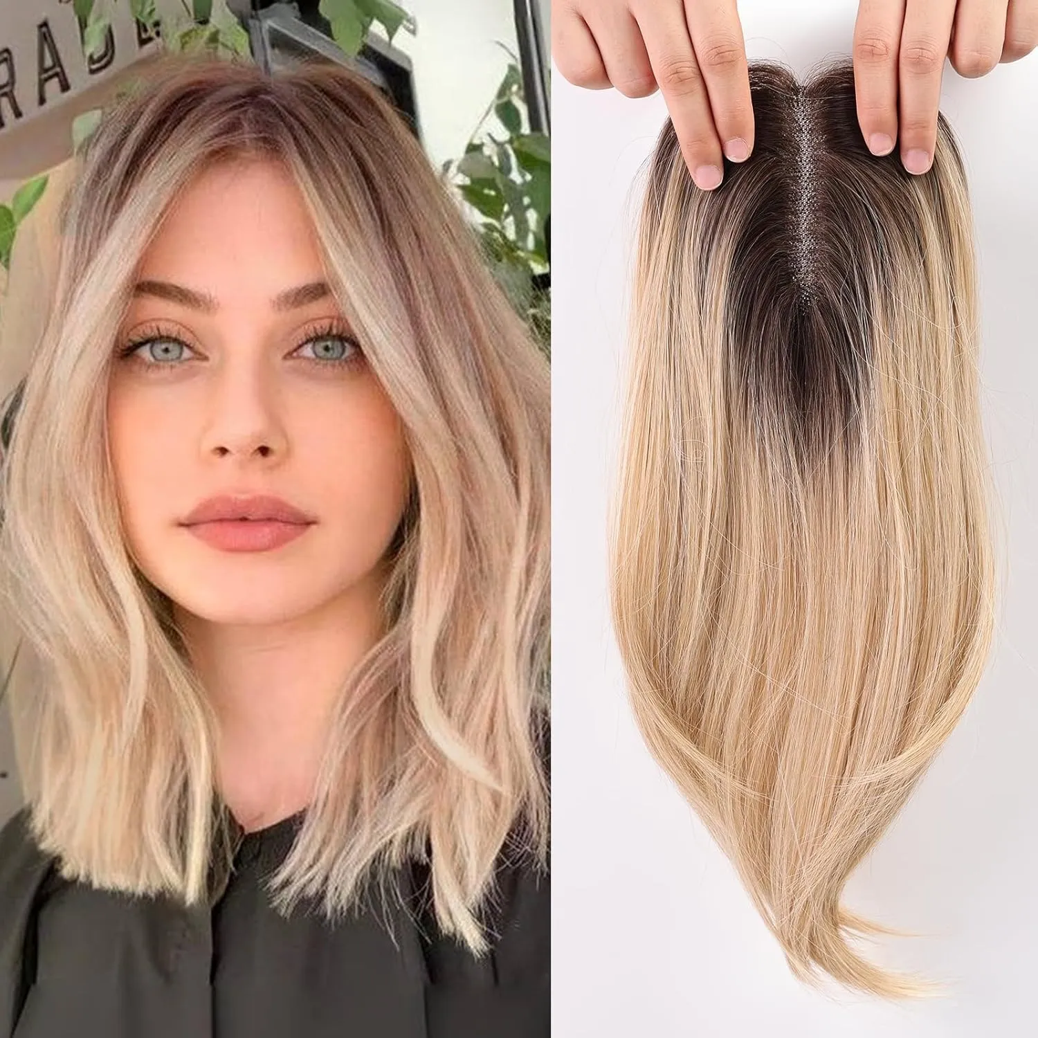 starluck 14 Inch Light Blonde & Brown Hair Toppers for Women Synthetic Hair Toppers Hair Pieces Swiss Base with 3 Clips in Wiglets Toppers for Women with Thinning Hair Grey Hair Hair Loss