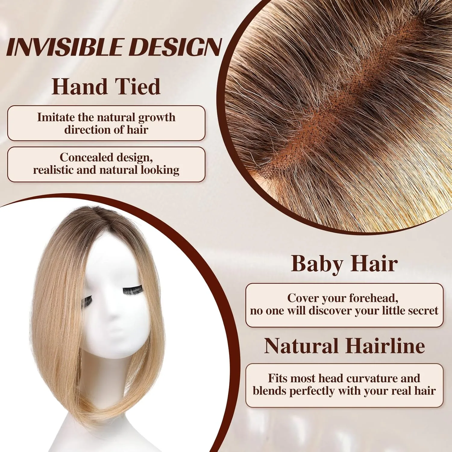 starluck 14 Inch Light Blonde & Brown Hair Toppers for Women Synthetic Hair Toppers Hair Pieces Swiss Base with 3 Clips in Wiglets Toppers for Women with Thinning Hair Grey Hair Hair Loss