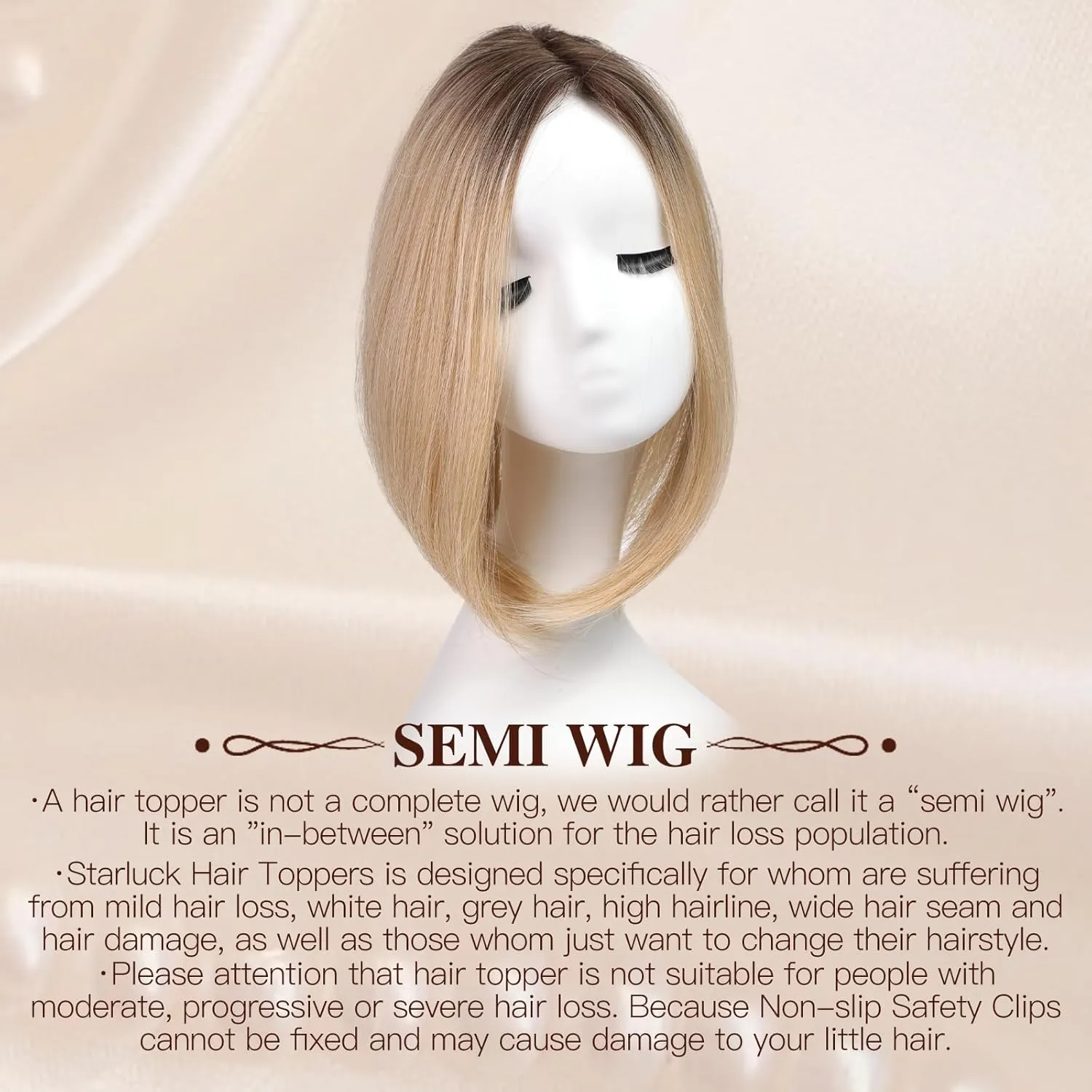 starluck 14 Inch Light Blonde & Brown Hair Toppers for Women Synthetic Hair Toppers Hair Pieces Swiss Base with 3 Clips in Wiglets Toppers for Women with Thinning Hair Grey Hair Hair Loss