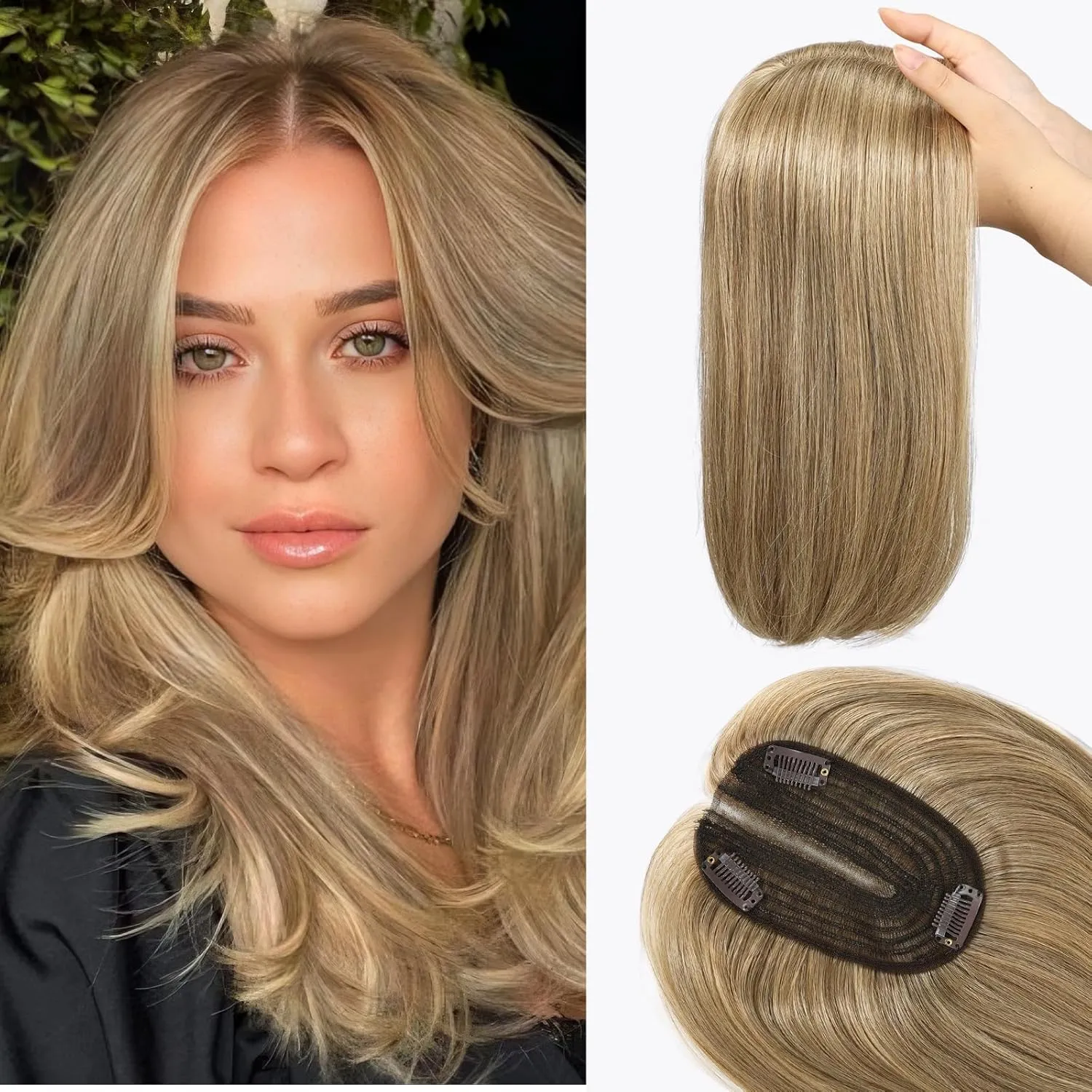starluck 14 Inch Light Brown Mixed Blonde Hair Toppers for Women Synthetic Hair Toppers with 3 Clips in Wiglets Toppers for Women with Thinning Hair Grey Hair Hair Loss