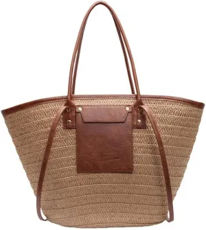 Straw Beach Tote Bag with Brown Leather Trim – Large Woven Shoulder Bag for Women. Perfect for Summer, Beach, or Daily Use.