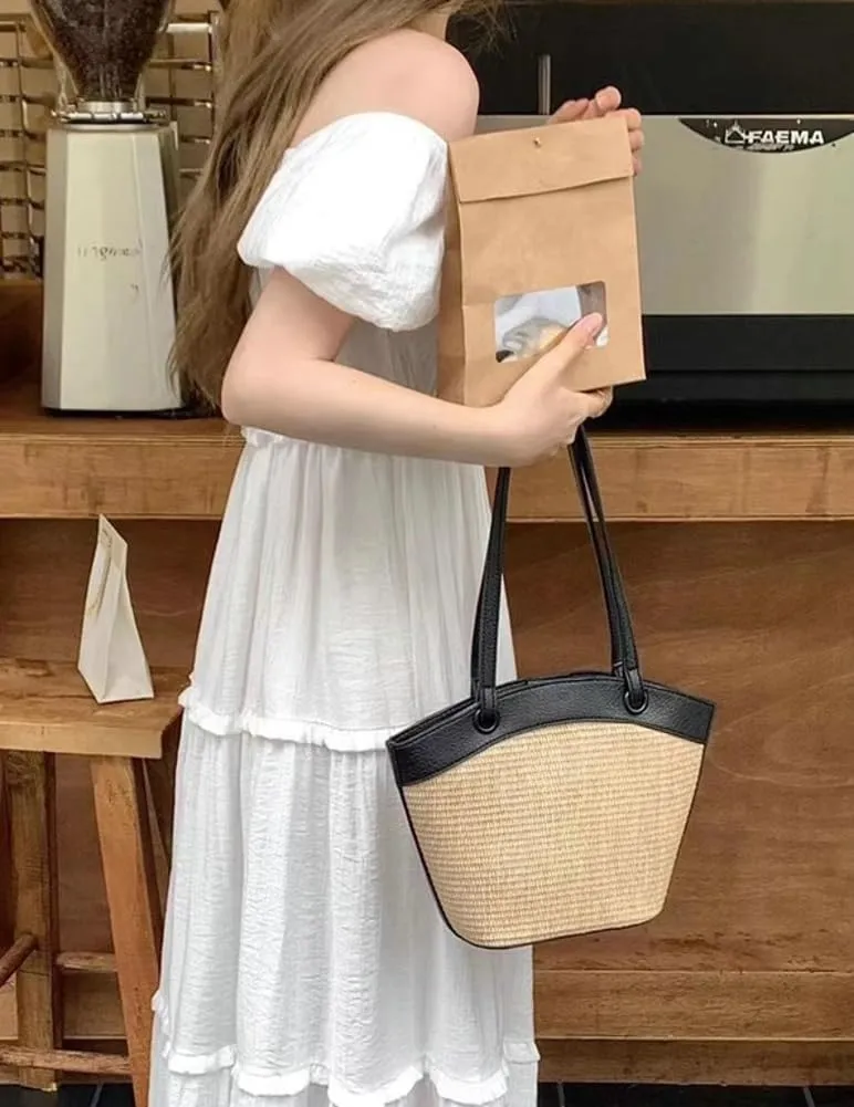 Straw Beach Tote for Women - French Retro Shoulder Bag, Summer Woven Tote, Travel Bag
