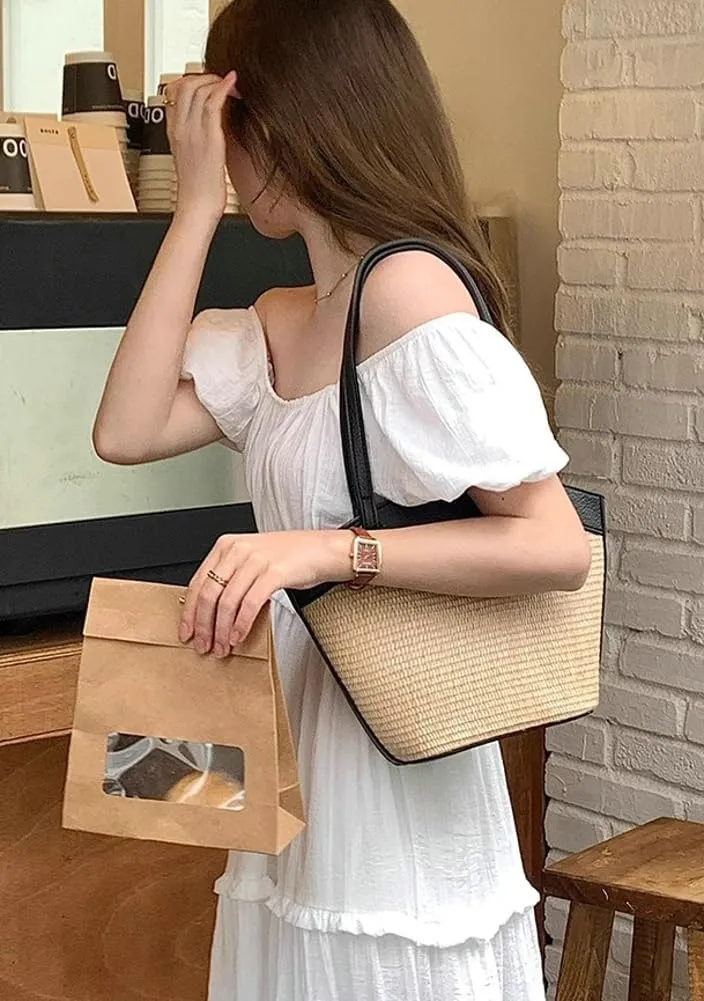 Straw Beach Tote for Women - French Retro Shoulder Bag, Summer Woven Tote, Travel Bag