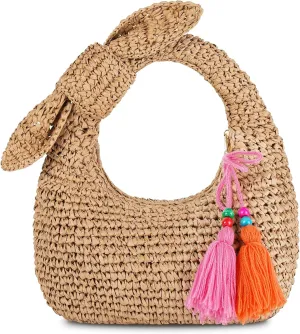 Straw Handbags Small Tote Purse Bow Knotted Straw Clutch with Tassels for Summer Beach Travel