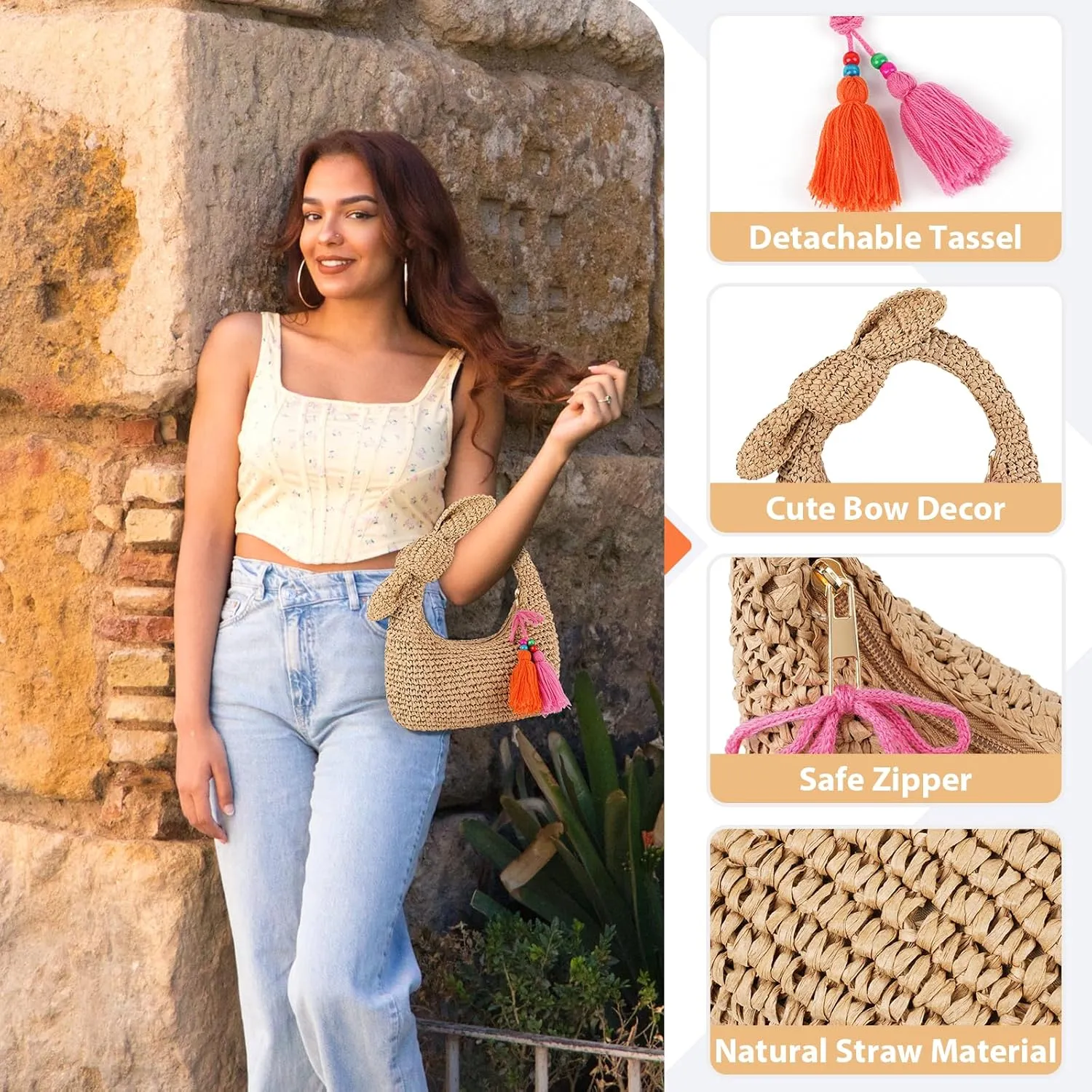 Straw Handbags Small Tote Purse Bow Knotted Straw Clutch with Tassels for Summer Beach Travel