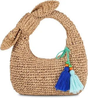 Straw Handbags Small Tote Purse Bow Knotted Straw Clutch with Tassels for Summer Beach Travel
