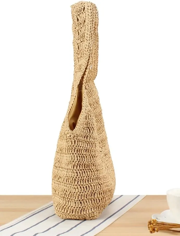 Straw Hobo Purses for Women Paper Straw Large Tote Bag Shoulder Bag Hobo for Beach Summer Travel