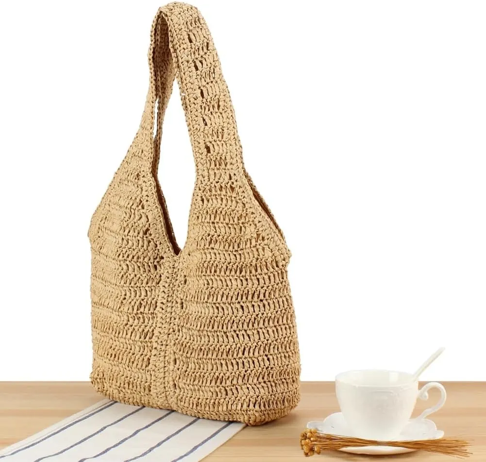 Straw Hobo Purses for Women Paper Straw Large Tote Bag Shoulder Bag Hobo for Beach Summer Travel