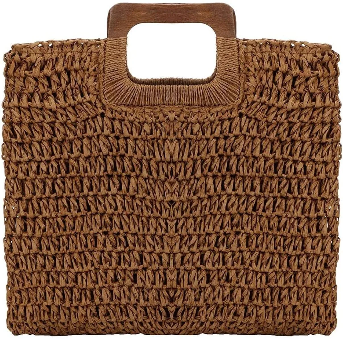 Straw Tote Bag with Wooden Handle Women Hobo Woven Handbag Summer Beach Travel (coffee)