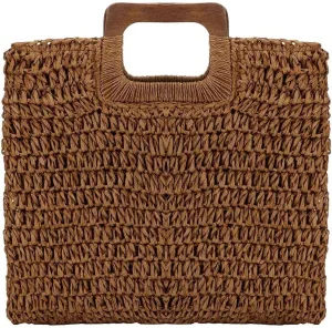 Straw Tote Bag with Wooden Handle Women Hobo Woven Handbag Summer Beach Travel (coffee)