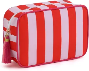 Stripe Makeup Bag Travel Cosmetic Bag Organizer Tassel Toiletry Bag Large Canvas Zipper Pouch and Accessories Storage Bag for Women (Red with Pink)