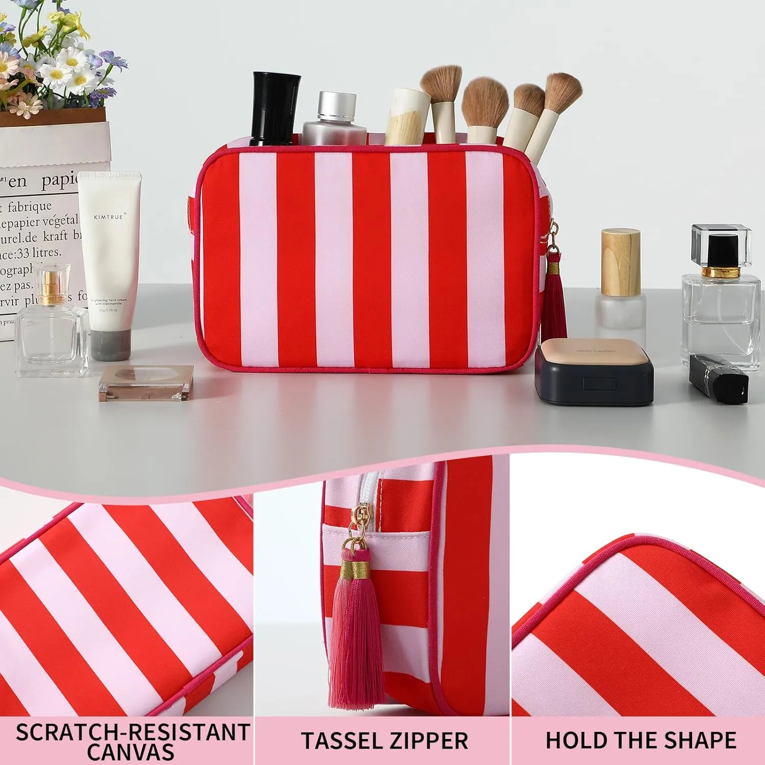 Stripe Makeup Bag Travel Cosmetic Bag Organizer Tassel Toiletry Bag Large Canvas Zipper Pouch and Accessories Storage Bag for Women (Red with Pink)