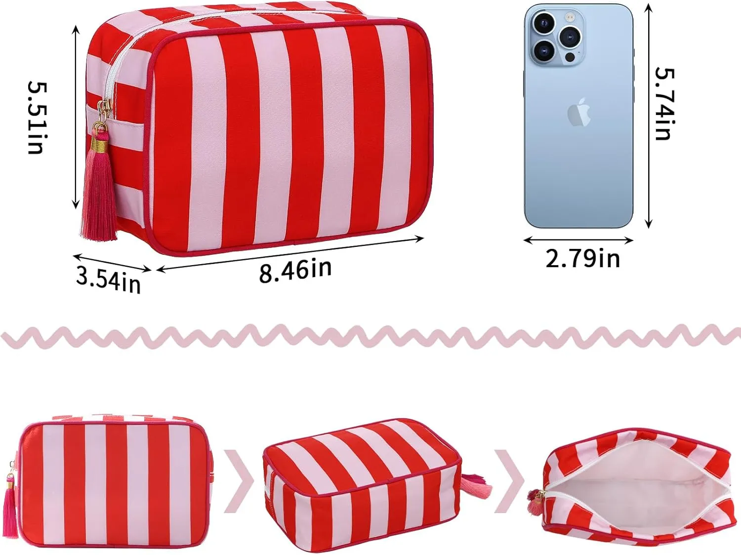 Stripe Makeup Bag Travel Cosmetic Bag Organizer Tassel Toiletry Bag Large Canvas Zipper Pouch and Accessories Storage Bag for Women (Red with Pink)