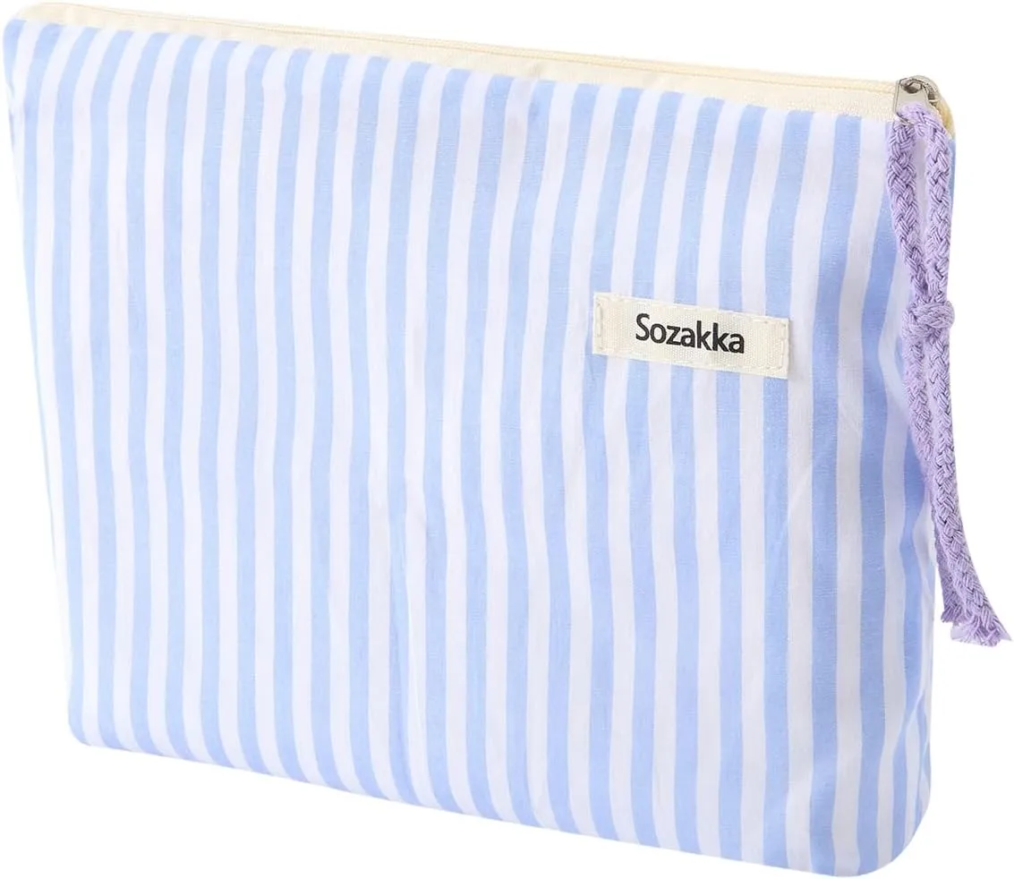 Striped Makeup Bags for Purse Zipper Cosmetic Pouch Large Travel Canvas Make Up Organizer Tool Pouch for Women and Girls (Cotton Striped Blue)