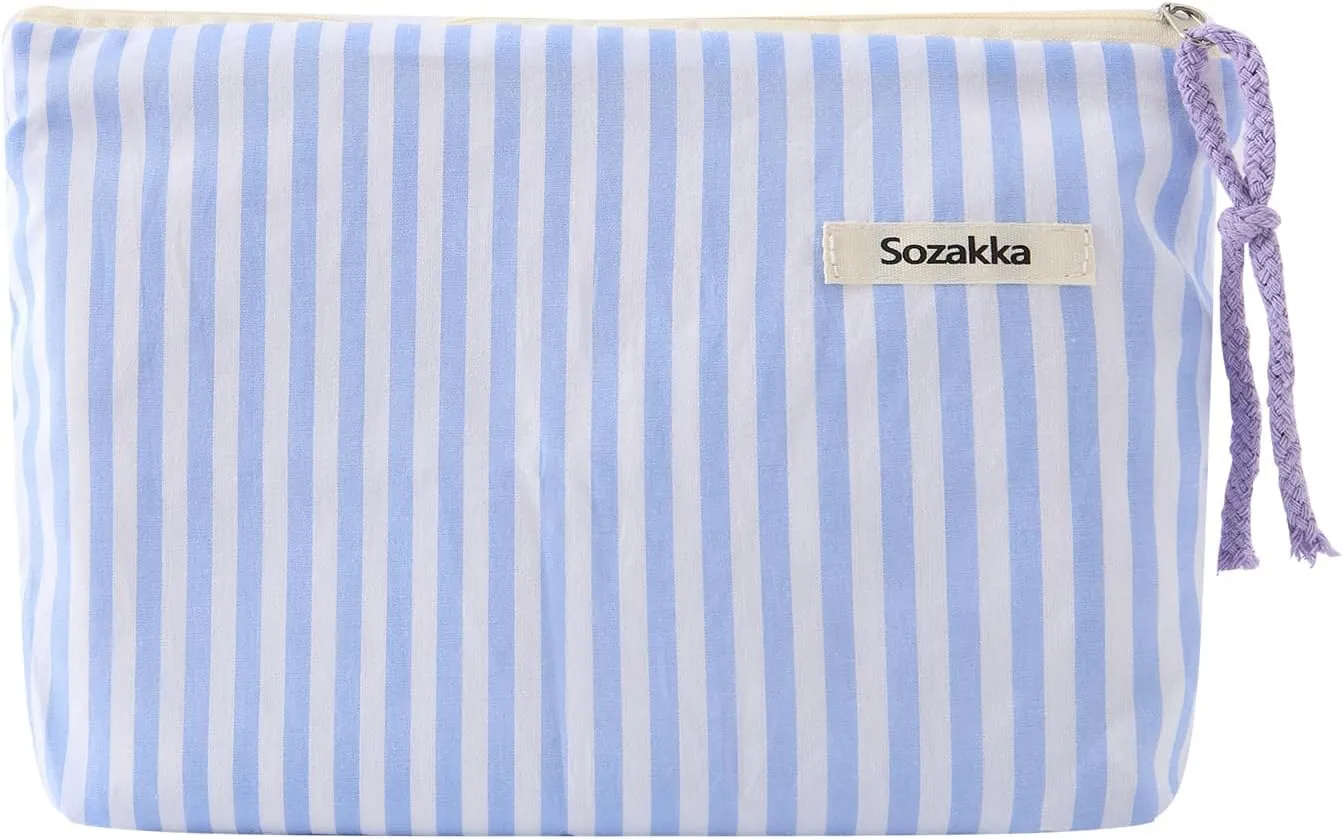 Striped Makeup Bags for Purse Zipper Cosmetic Pouch Large Travel Canvas Make Up Organizer Tool Pouch for Women and Girls (Cotton Striped Blue)