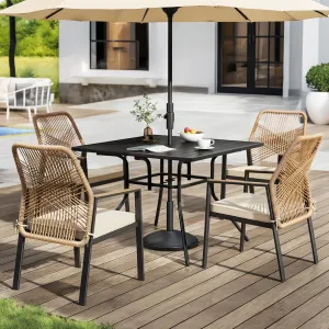 SUNCOZE Outdoor Patio Dining Set, 5 Pieces Rattan Patio Table and Chairs Set with Cushion and Umbrella Hole, Wicker Outdoor Patio Furniture Sets of 4 for Backyard and Porch, Beige
