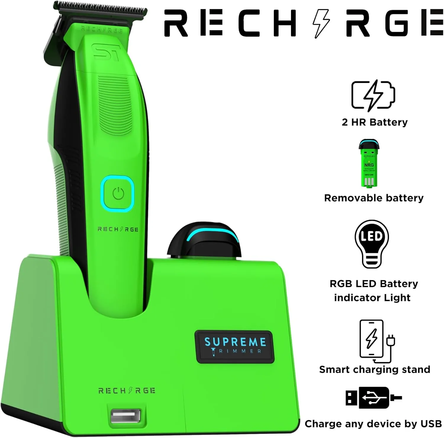 Supreme Trimmer Recharge Professional Trimmer for Barbers with 2 Removable Batteries, Professional Strong Motor, Smart Charge Stand, USB-C Charge & Zero Gap DLC Blades | ST777