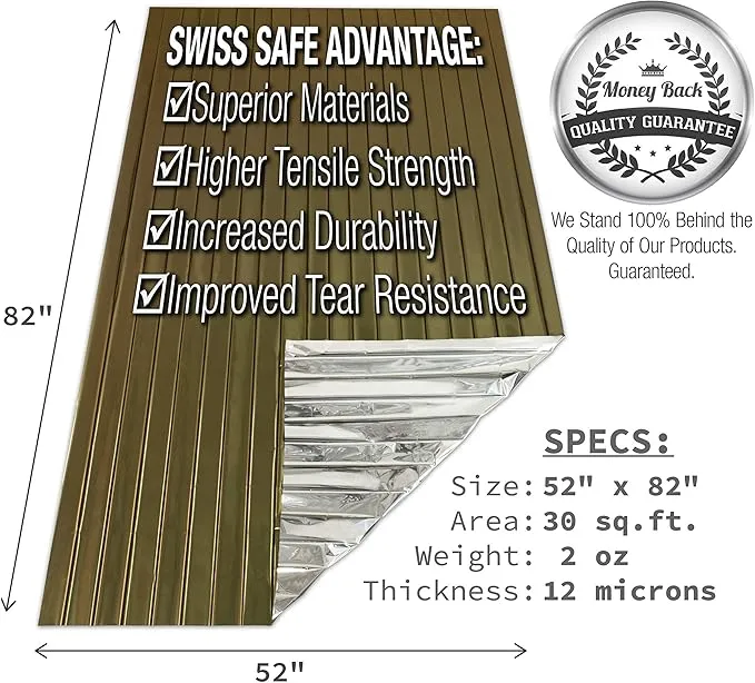 Swiss Safe Emergency Mylar Thermal Blankets   Bonus Space Blanket - Compact & Insulated for Cold Weather - Designed for NASA, Outdoor Camping, Survival, First Aid Car Kit - Army Green, 4 Pack