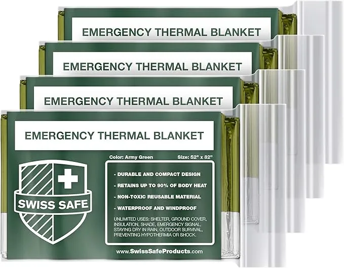 Swiss Safe Emergency Mylar Thermal Blankets   Bonus Space Blanket - Compact & Insulated for Cold Weather - Designed for NASA, Outdoor Camping, Survival, First Aid Car Kit - Army Green, 4 Pack
