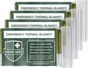 Swiss Safe Emergency Mylar Thermal Blankets   Bonus Space Blanket - Compact & Insulated for Cold Weather - Designed for NASA, Outdoor Camping, Survival, First Aid Car Kit - Army Green, 4 Pack
