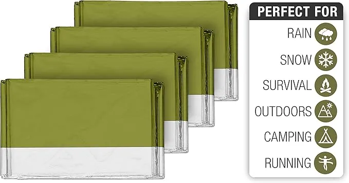 Swiss Safe Emergency Mylar Thermal Blankets   Bonus Space Blanket - Compact & Insulated for Cold Weather - Designed for NASA, Outdoor Camping, Survival, First Aid Car Kit - Army Green, 4 Pack