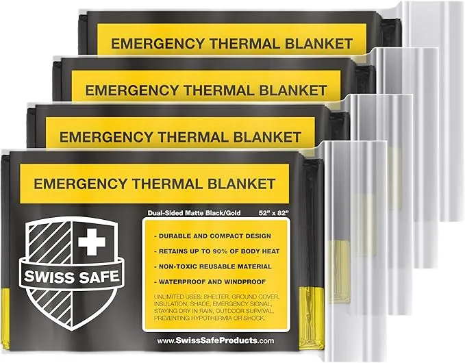 Swiss Safe Emergency Mylar Thermal Blankets   Bonus Space Blanket - Compact & Insulated for Cold Weather - Designed for NASA, Outdoor Camping, Survival, First Aid Car Kit - Black & Gold, 4 Pack