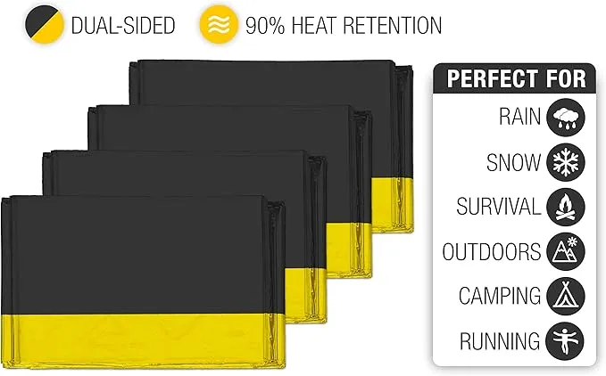 Swiss Safe Emergency Mylar Thermal Blankets   Bonus Space Blanket - Compact & Insulated for Cold Weather - Designed for NASA, Outdoor Camping, Survival, First Aid Car Kit - Black & Gold, 4 Pack