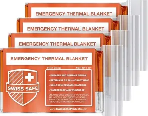 Swiss Safe Emergency Mylar Thermal Blankets   Bonus Space Blanket - Compact & Insulated for Cold Weather - Designed for NASA, Outdoor Camping, Survival, First Aid Car Kit - Orange, 4 Pack