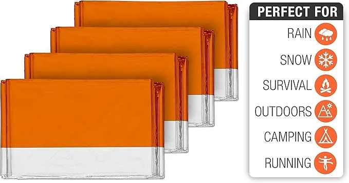Swiss Safe Emergency Mylar Thermal Blankets   Bonus Space Blanket - Compact & Insulated for Cold Weather - Designed for NASA, Outdoor Camping, Survival, First Aid Car Kit - Orange, 4 Pack