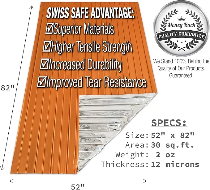 Swiss Safe Emergency Mylar Thermal Blankets   Bonus Space Blanket - Compact & Insulated for Cold Weather - Designed for NASA, Outdoor Camping, Survival, First Aid Car Kit - Orange, 4 Pack