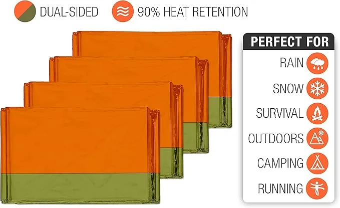 Swiss Safe Emergency Mylar Thermal Blankets   Bonus Space Blanket - Compact & Insulated for Cold Weather - Designed for NASA, Outdoor Camping, Survival, First Aid Car Kit - Orange & Green, 4 Pack