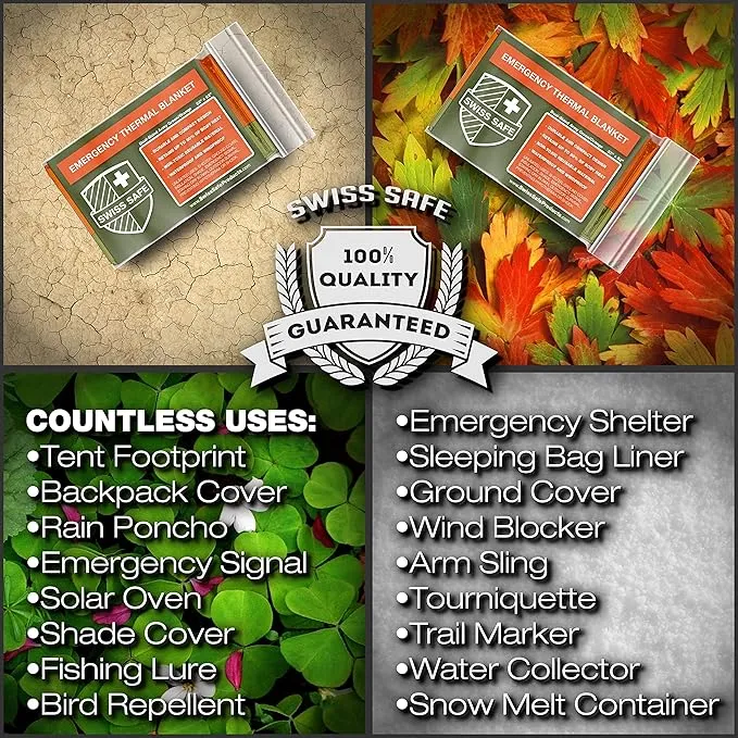 Swiss Safe Emergency Mylar Thermal Blankets   Bonus Space Blanket - Compact & Insulated for Cold Weather - Designed for NASA, Outdoor Camping, Survival, First Aid Car Kit - Orange & Green, 4 Pack