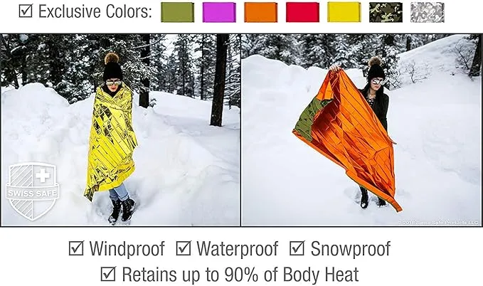 Swiss Safe Emergency Mylar Thermal Blankets   Bonus Space Blanket - Compact & Insulated for Cold Weather - Designed for NASA, Outdoor Camping, Survival, First Aid Car Kit - Orange & Green, 4 Pack