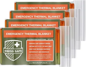 Swiss Safe Emergency Mylar Thermal Blankets   Bonus Space Blanket - Compact & Insulated for Cold Weather - Designed for NASA, Outdoor Camping, Survival, First Aid Car Kit - Orange & Green, 4 Pack