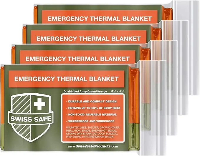 Swiss Safe Emergency Mylar Thermal Blankets   Bonus Space Blanket - Compact & Insulated for Cold Weather - Designed for NASA, Outdoor Camping, Survival, First Aid Car Kit - Orange & Green, 4 Pack